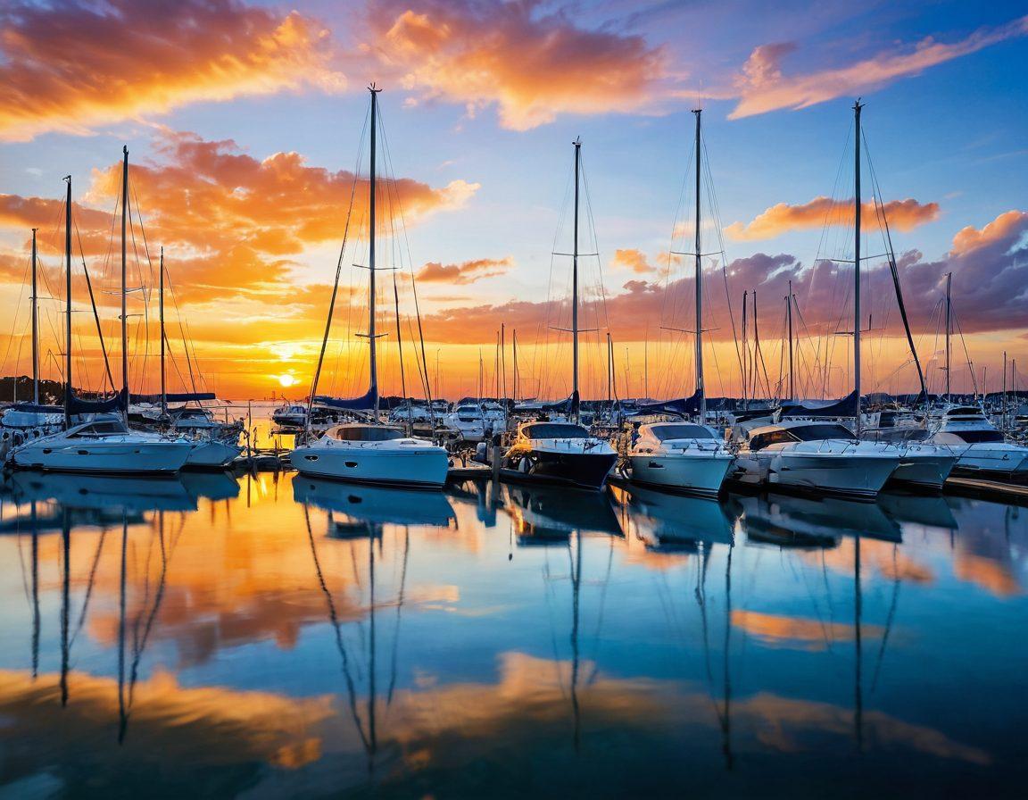 A serene marina scene featuring a variety of luxurious yachts and sailboats, gently rocking on crystal-clear blue water. The image should highlight essential insurance documents floating on the water's surface, symbolizing protection. Include a vibrant sunset casting warm hues over the boats and a couple enjoying a peaceful moment on the deck, reflecting relaxation and safety. The overall atmosphere should convey tranquility, security, and maritime adventure. vibrant colors. super-realistic.