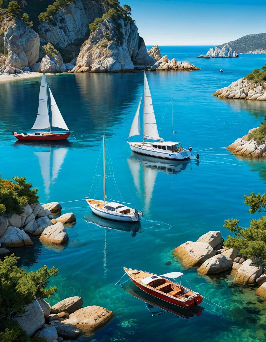 A serene marine scene featuring different types of boats on calm waters, surrounded by beautiful coastal landscapes. Include diverse boat models such as a sailboat, a motorboat, and a kayak, with clear blue skies and gentle waves. Incorporate symbols of insurance like shields or protective elements subtly in the background, conveying security for boaters. Create an inviting atmosphere that suggests adventure and safety on the water. super-realistic. vibrant colors. 3D.