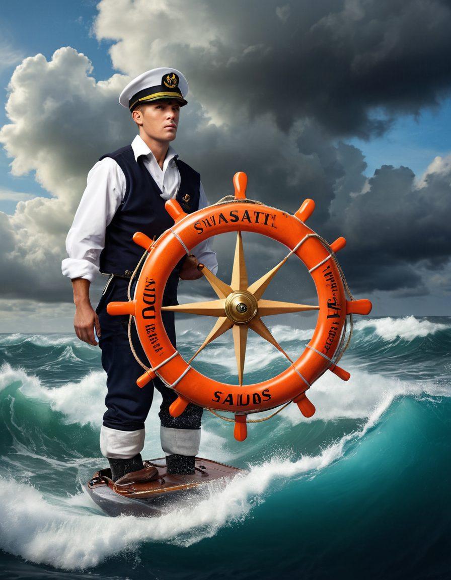 A confident sailor navigating through choppy waters with a bright compass, surrounded by waves symbolizing challenges. The background features a clear blue sky peeking through dark clouds, representing clarity despite storms. Include marine elements like lifebuoys and insurance documents floating nearby, merging the nautical theme with financial guidance. super-realistic. vibrant colors.